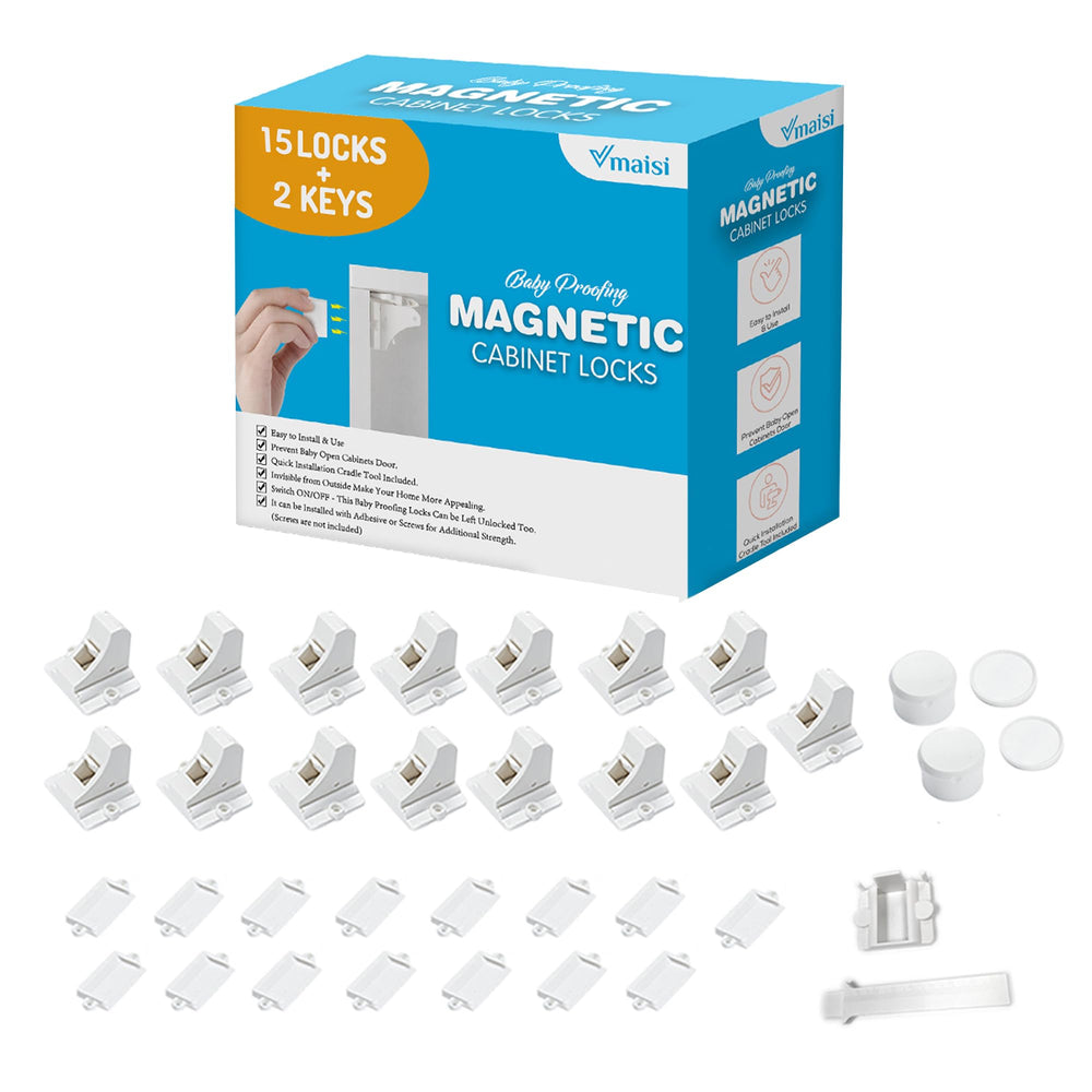 Vmaisi 15-pack magnetic cabinet locks laid out for comprehensive baby-proofing