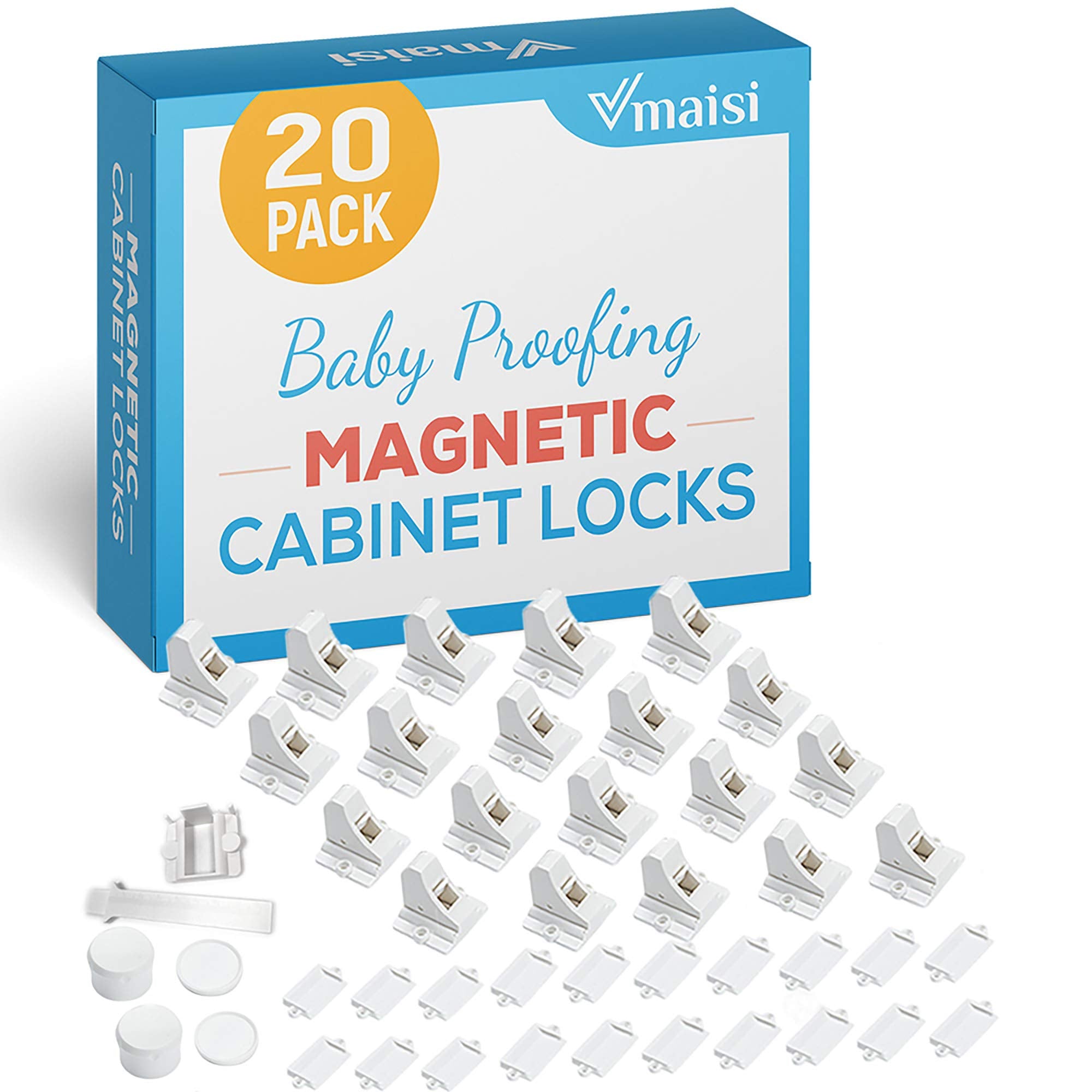 Vmaisi magnetic cabinet locks 20-pack with keys for childproof cabinets and drawers.