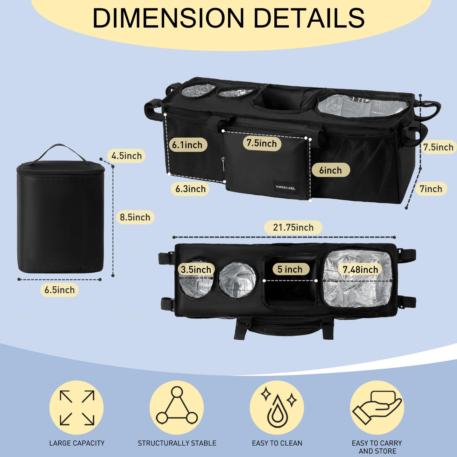VMEECARL five-buckle strap system secures the organizer during brisk walks