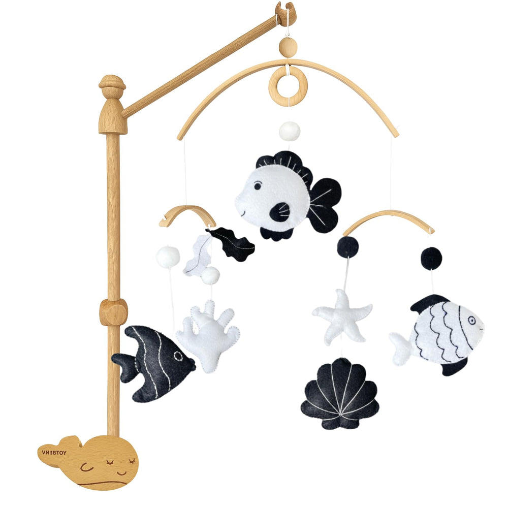VN3BTOY high-contrast fish mobile for crib promotes visual focus and easy clip-on setup.