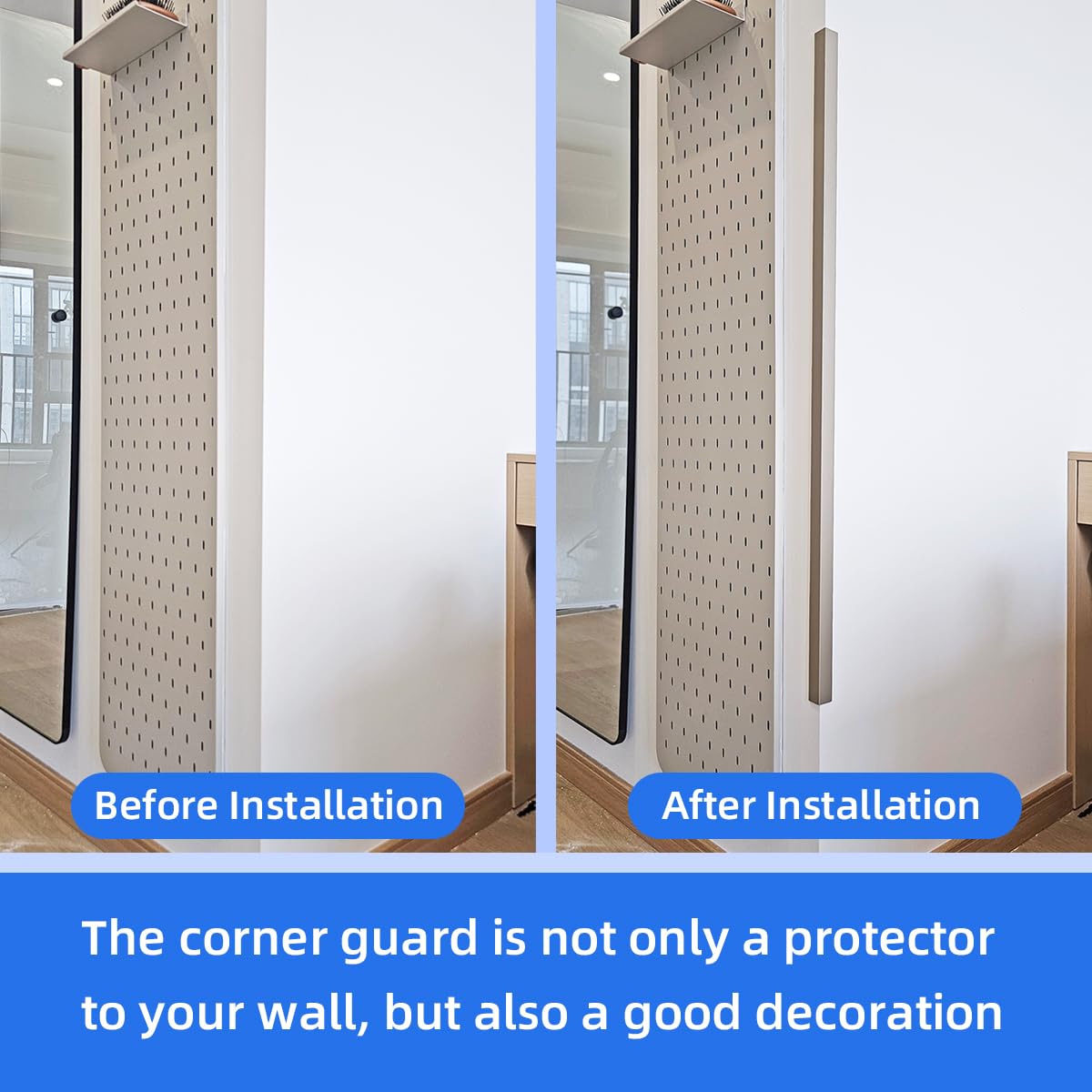 VNBQB champagne finish corner protection on walls, doors, or cabinets.
