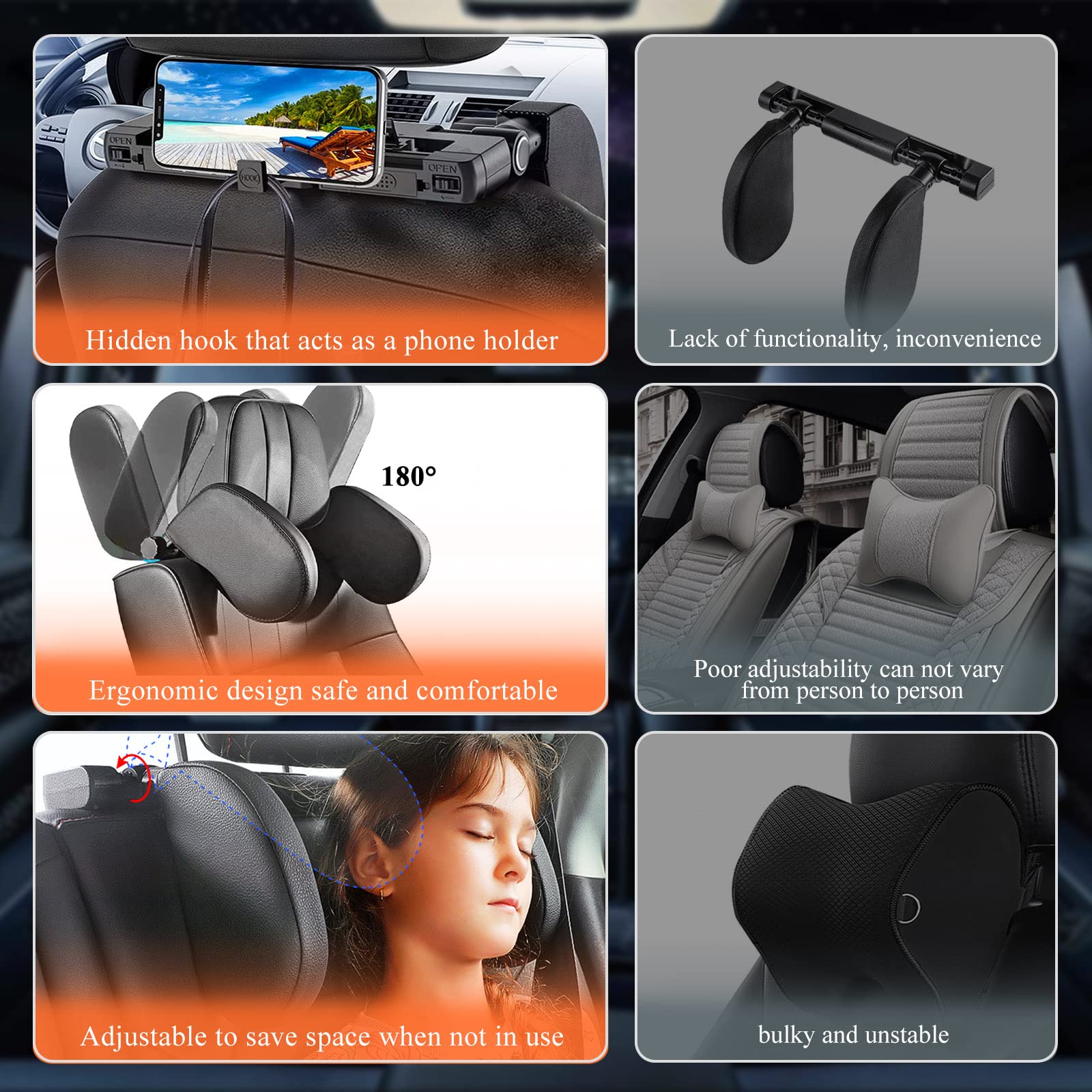 VniYors universal fit for cars with movable headrest rods