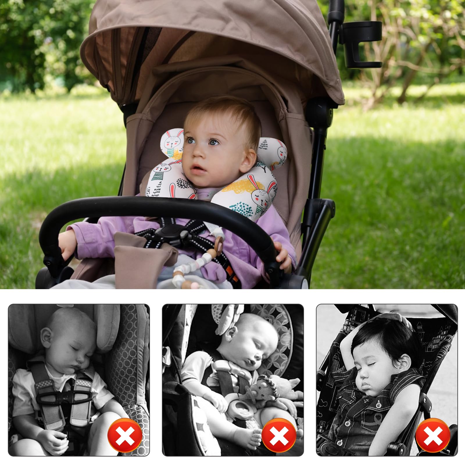 Vocheer car seat cushion design supports baby's head on the move.