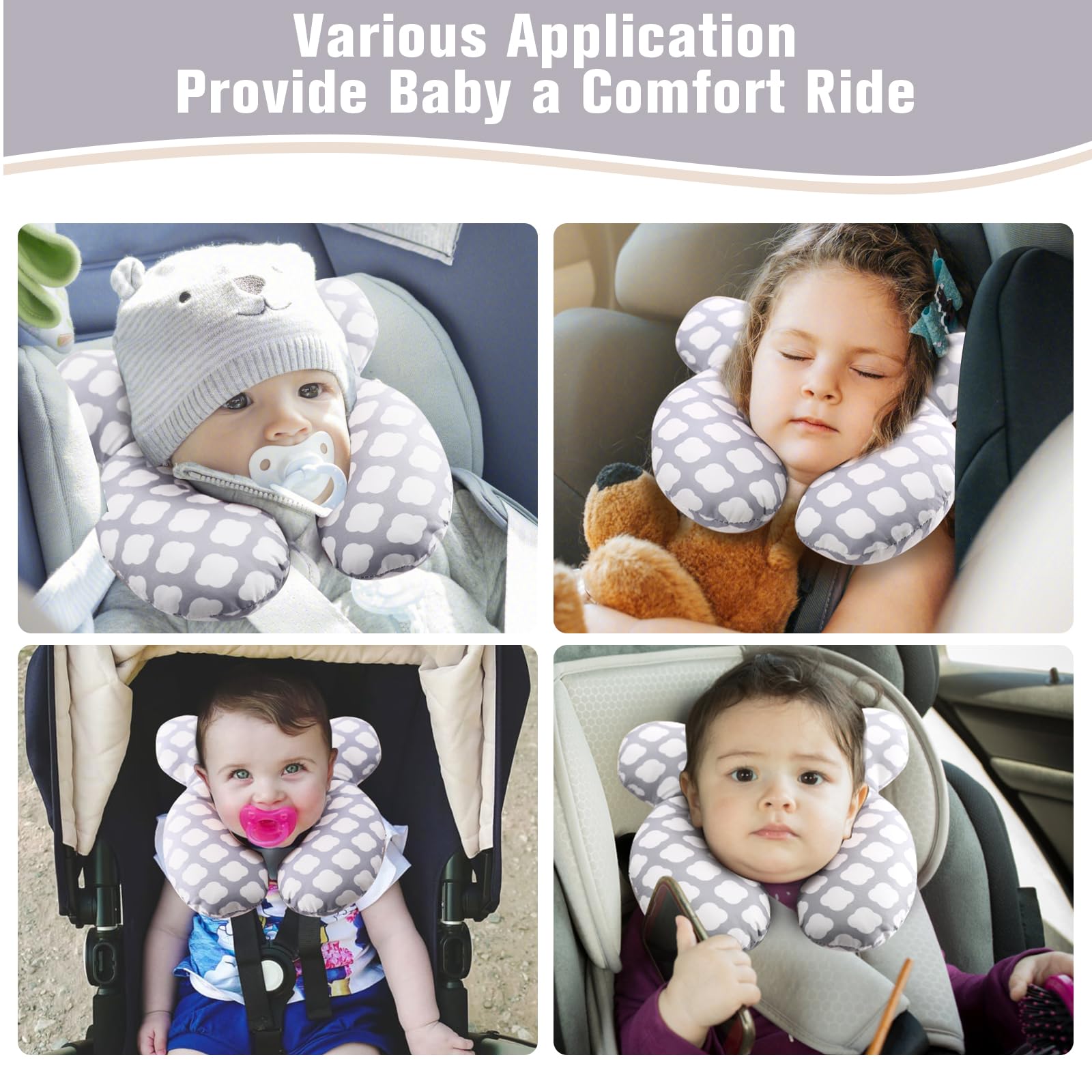 vocheer Baby Travel Pillow in car seat supports comfortable ride.
