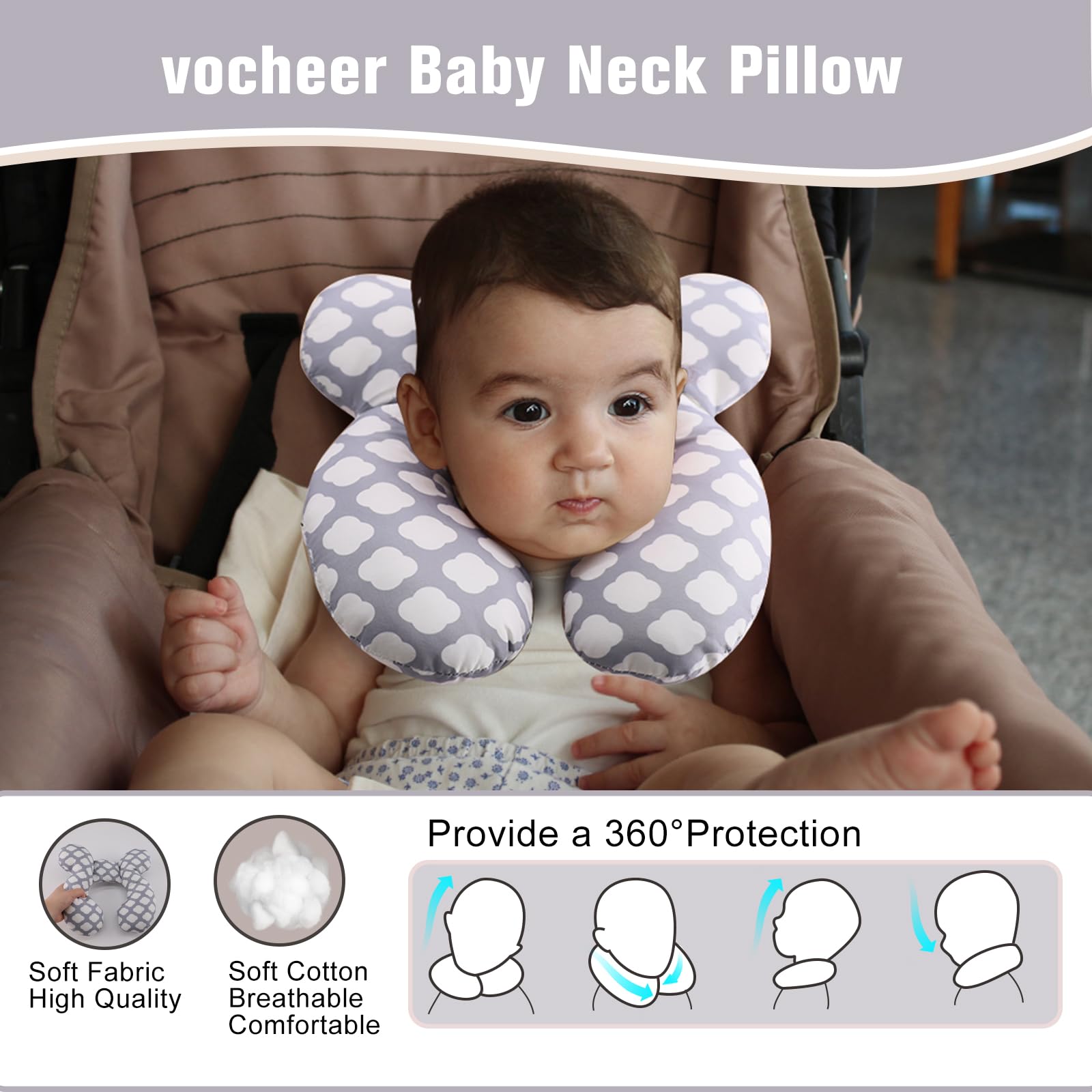 vocheer Baby Travel Pillow cotton texture emphasizes soft, breathable fabric.