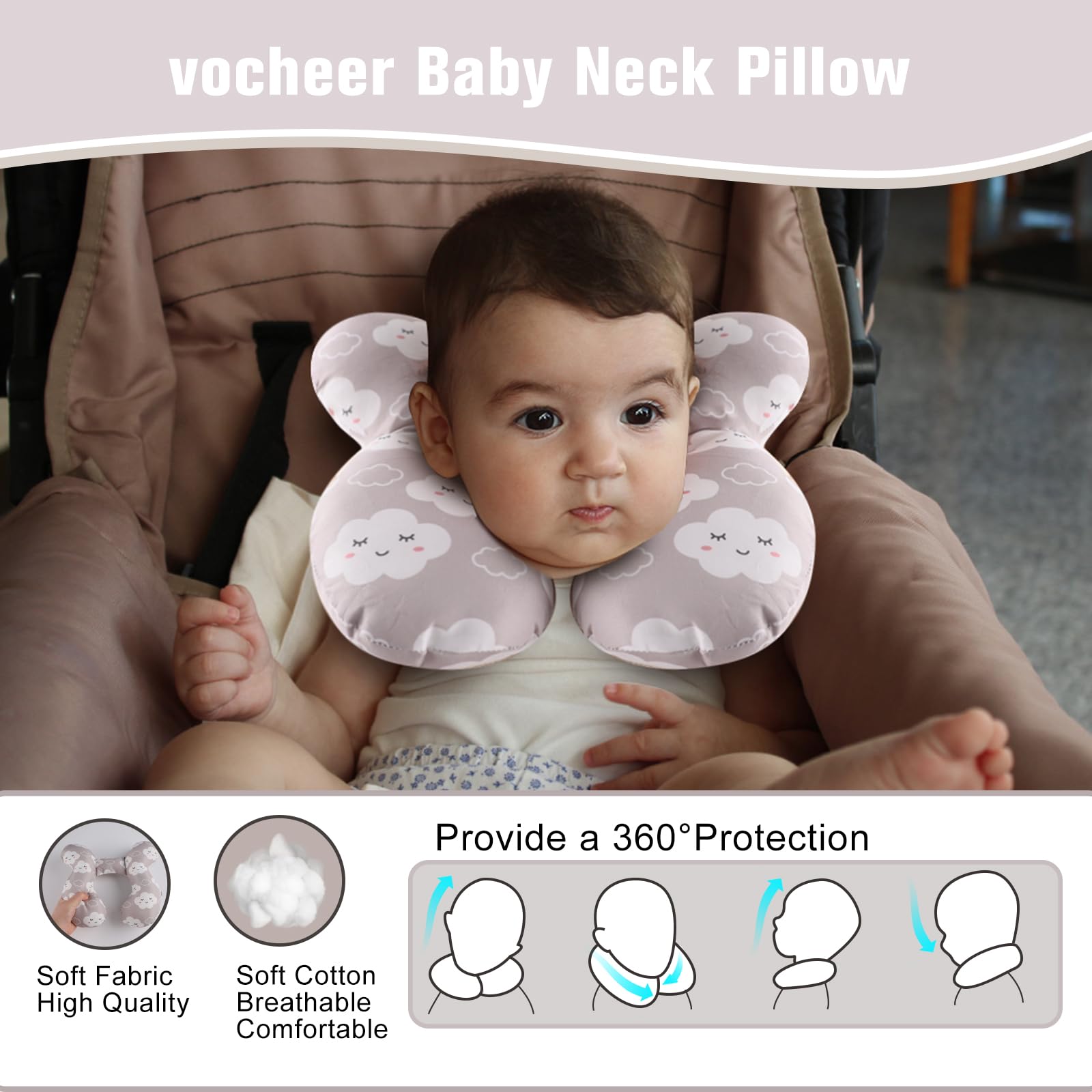 Soft, durable fabric of Vocheer pillow against baby’s skin for comfort.