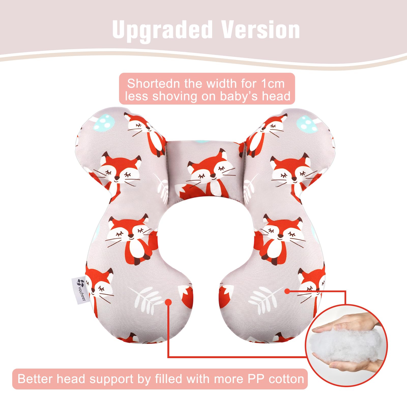 Vocheer pillow in car seat use setting provides neck stability.