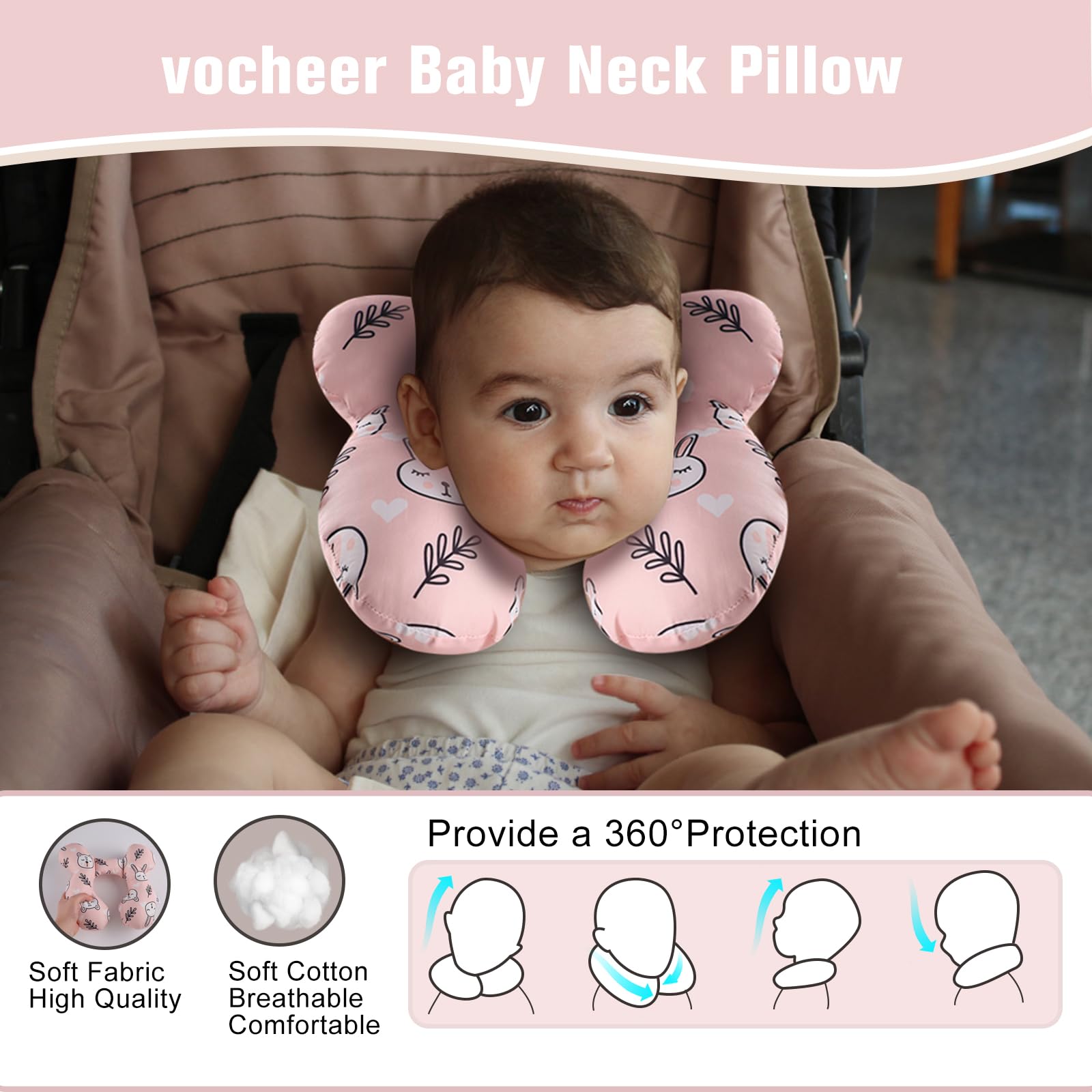 Vocheer travel pillow on a stroller keeps head cradled during outings