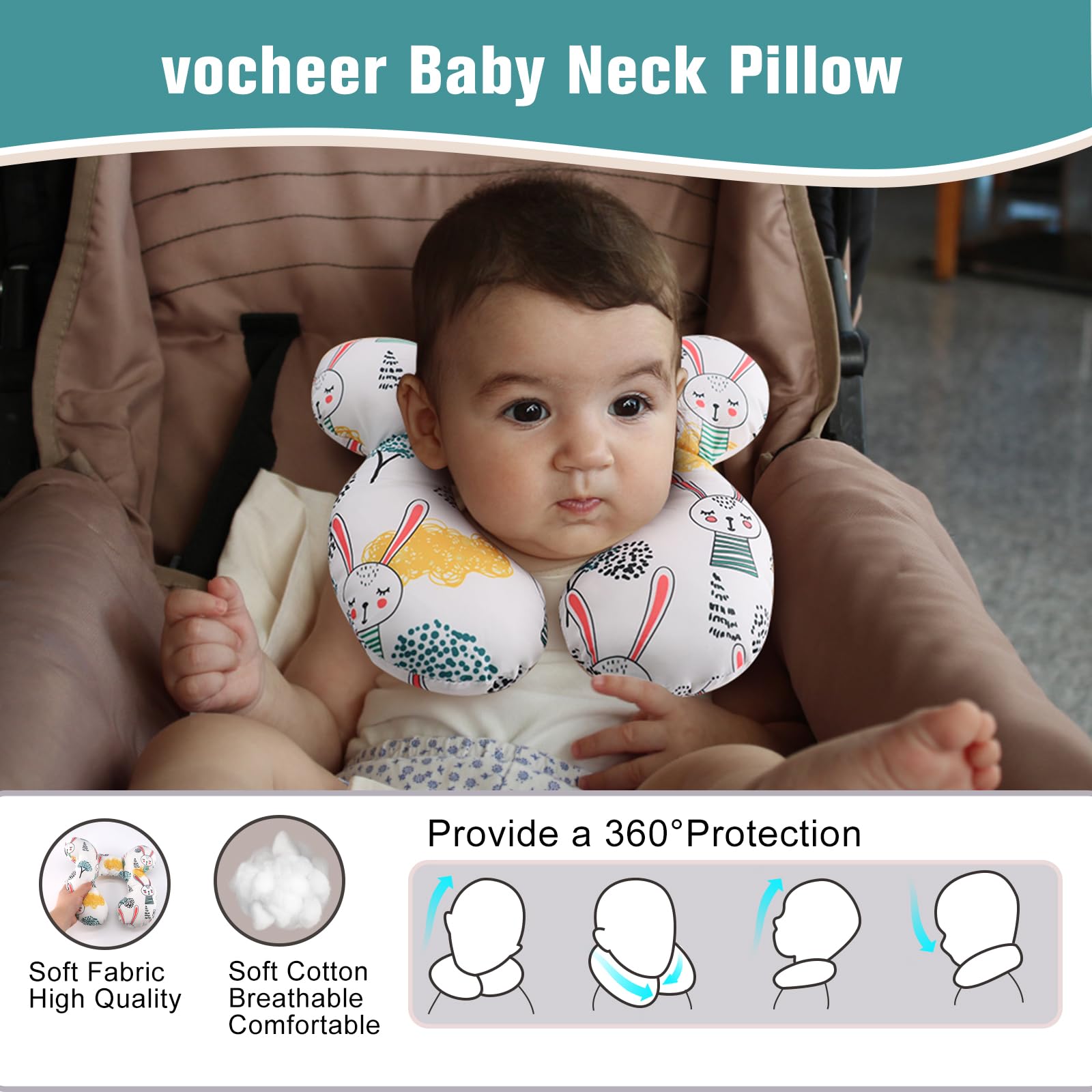 Vocheer travel pillow helps cradle the head during stroller rides.