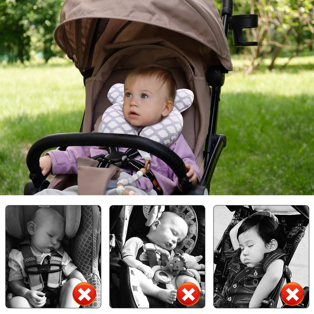 vocheer Baby Travel Pillow in stroller demonstrates head and neck cradle.