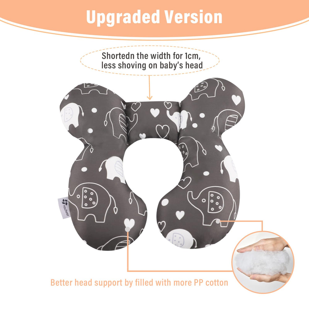 vocheer pillow with U-shaped head support stabilizes tiny necks during car rides.