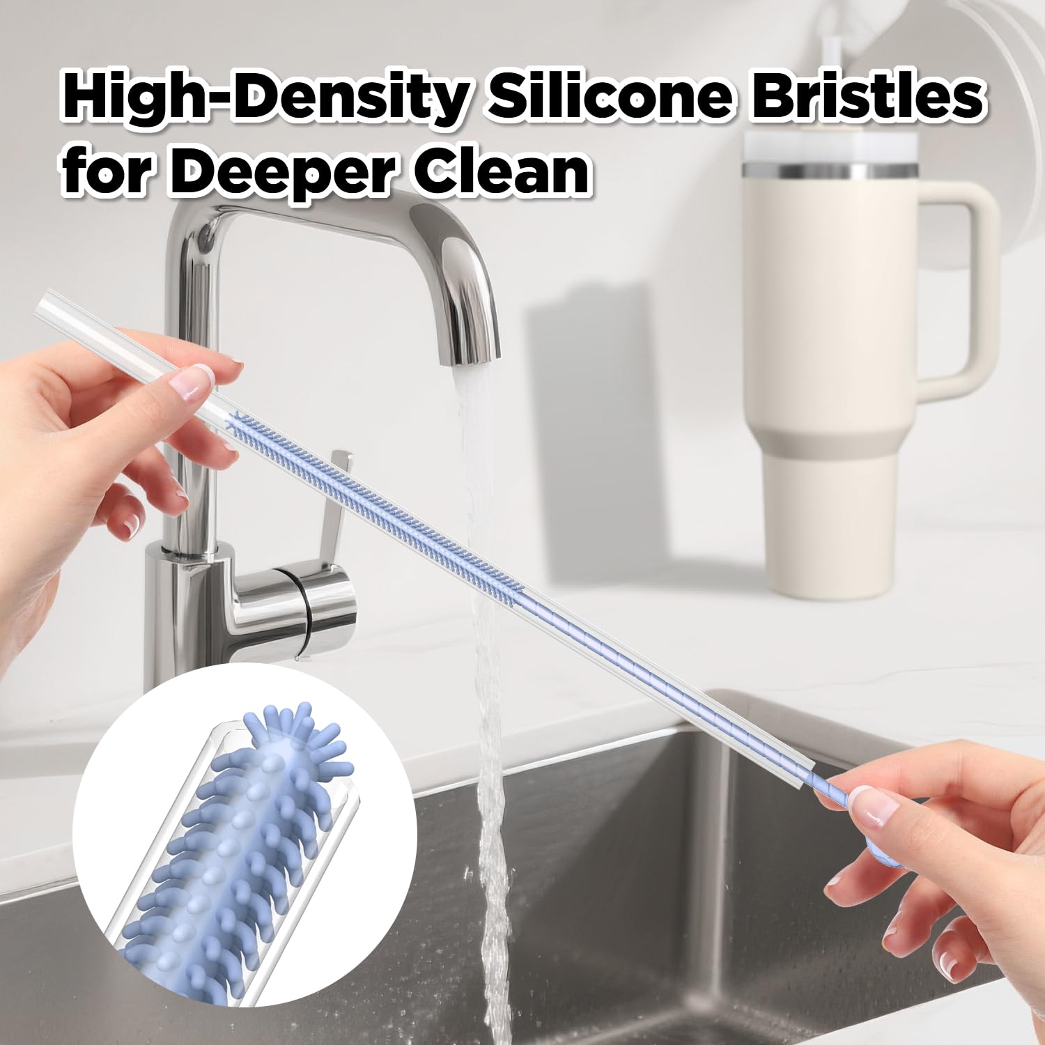VOGOGE blue straw cleaner with extended bristles for thorough reach inside straw.