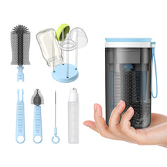 VOGOGE travel bottle brush in blue with flexible bristles for quick on-the-go cleaning.