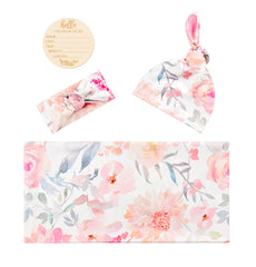 Vollmic matching headband in pink floral leaf pattern.