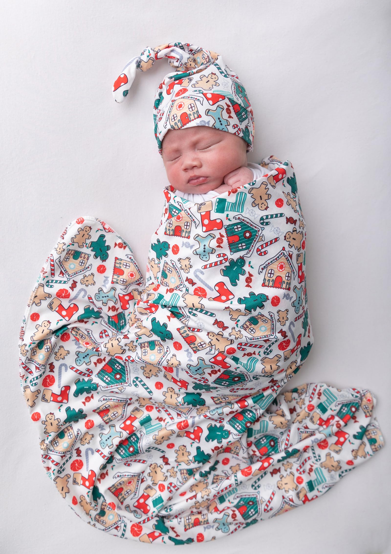 Vollmic newborn swaddle blanket in green cartoon Christmas pattern with soft knit texture
