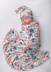 Vollmic newborn swaddle blanket in green cartoon Christmas pattern with soft knit texture