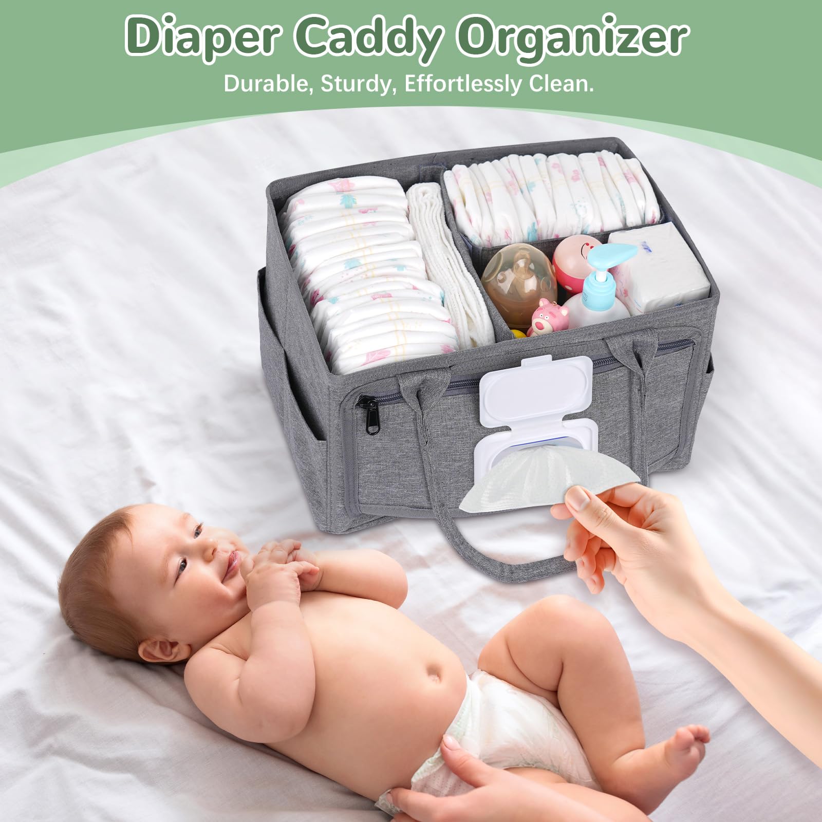 Volnamal diaper caddy holds 44+ diapers and essentials in one place