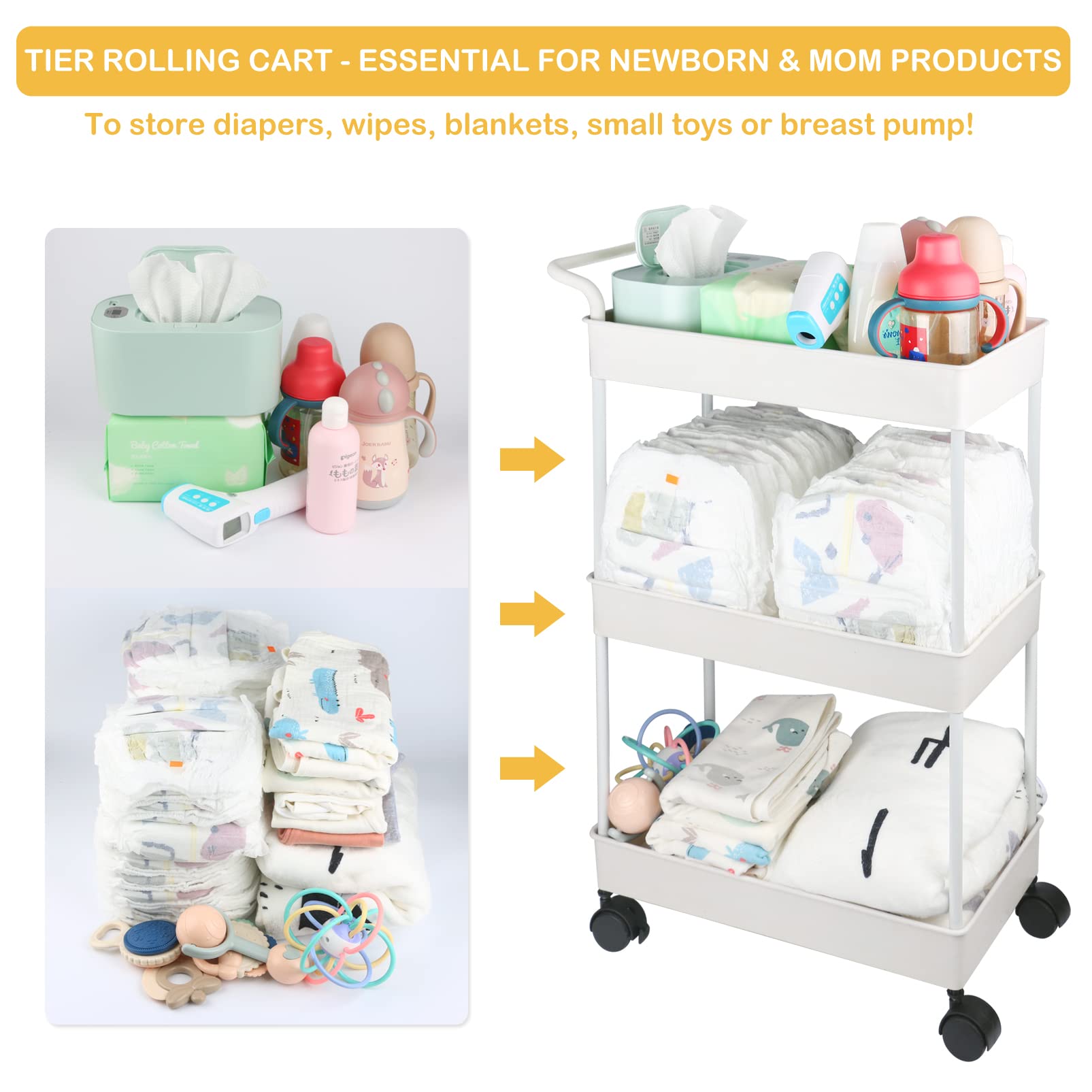 Volnamal three-tier ABS trays provide sturdy storage for wipes, diapers, and creams.