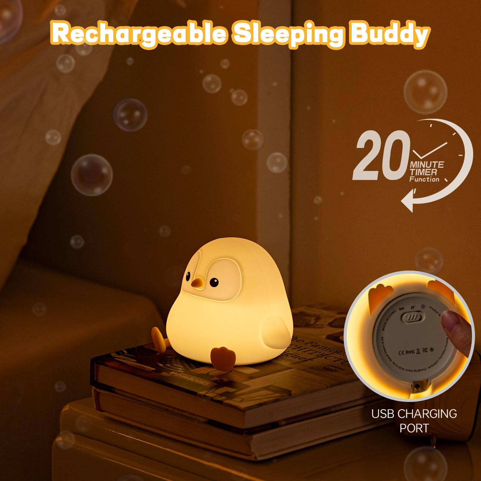 VoMii Penguin Night Light demonstrates two brightness levels for bedtime lighting