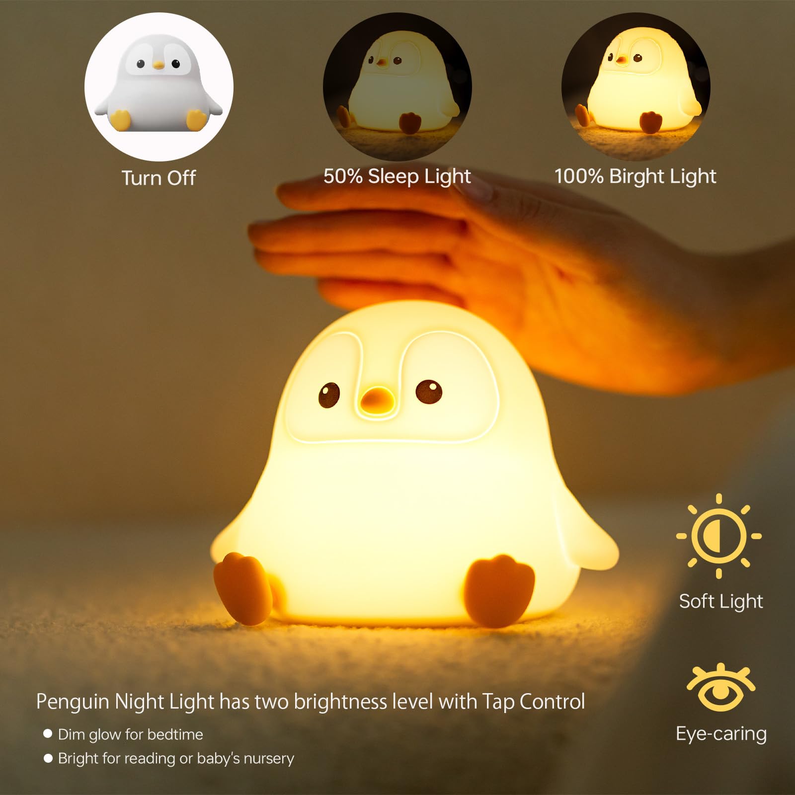 VoMii Penguin Night Light USB charging powers cordless use