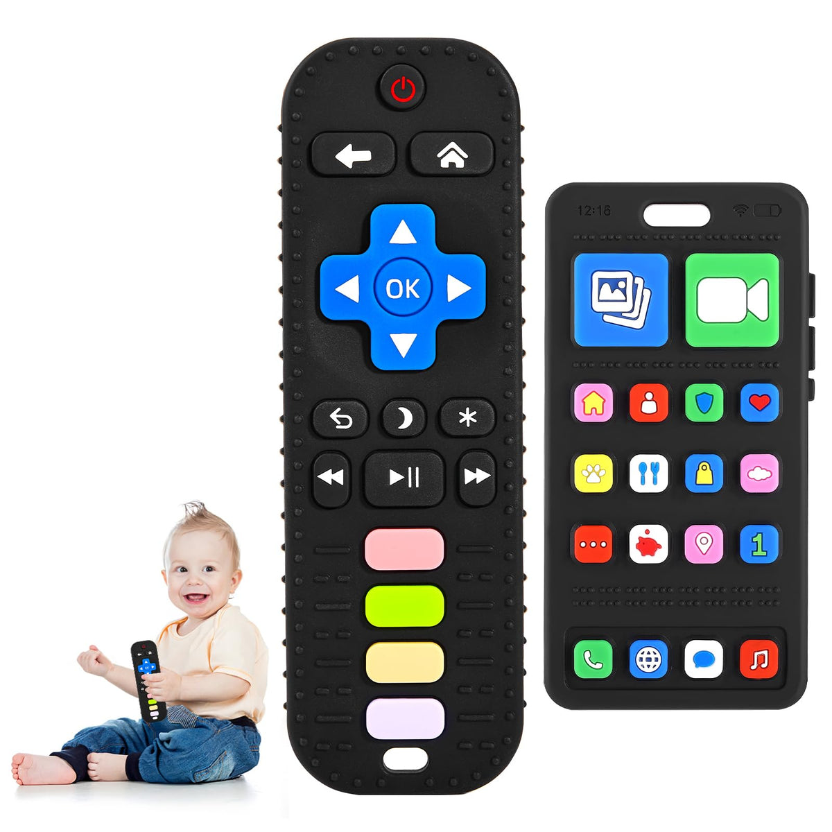 VoMii remote control teether, safe chew toy for soothing teething discomfort.