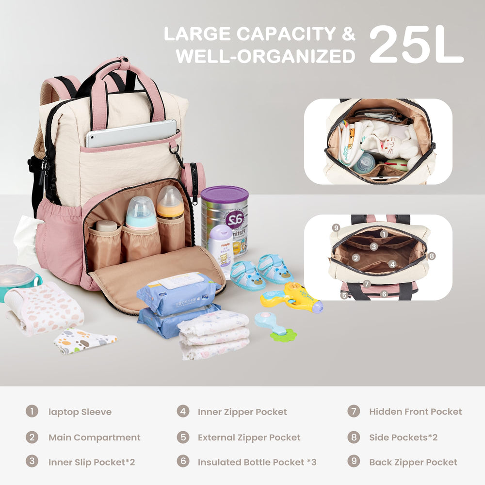VONAL Diaper Bag Backpack side pocket open highlighting insulated bottle pockets.
