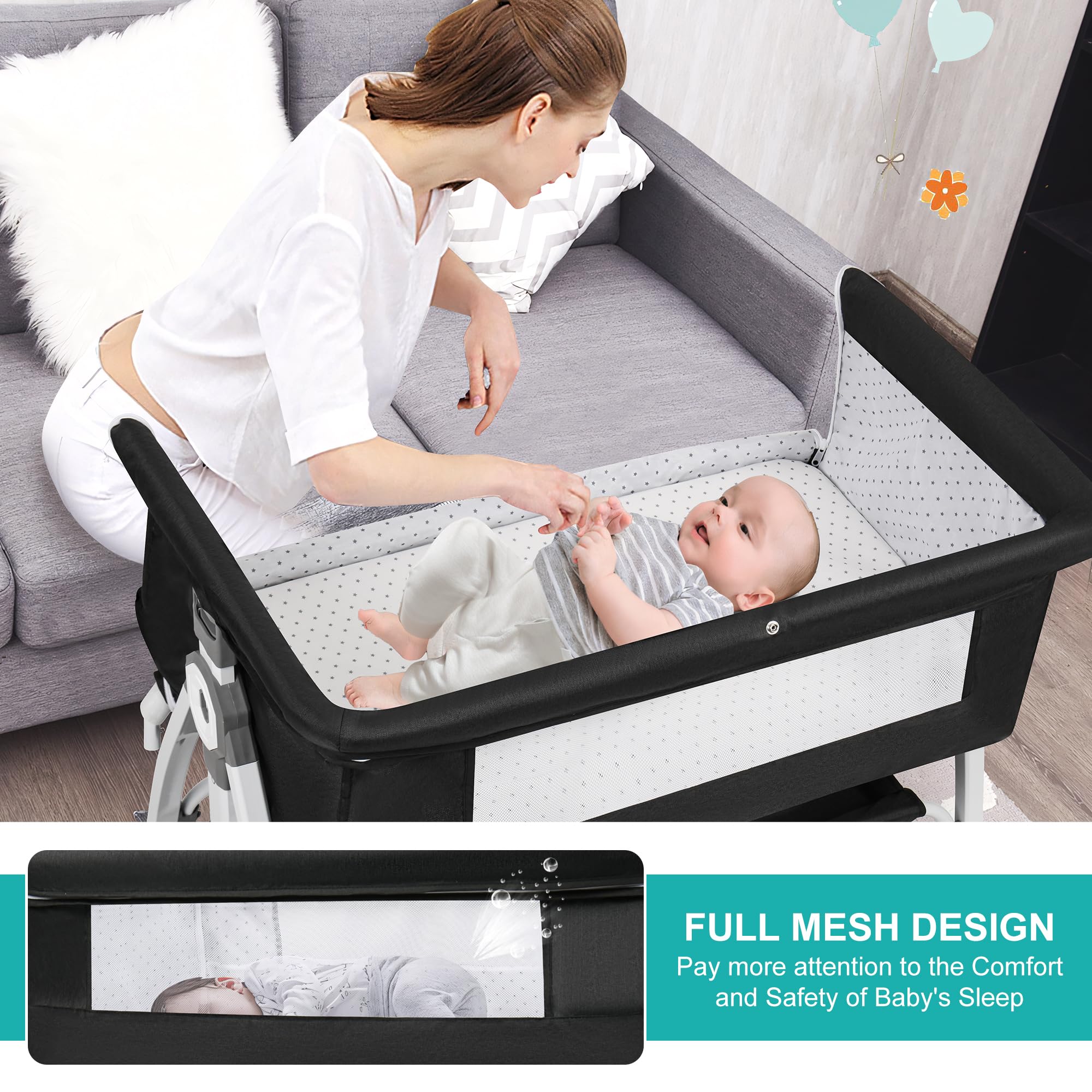 VOOI Baby Bassinet Bedside Sleeper 3-in-1 mode showcases versatile use for home and travel.