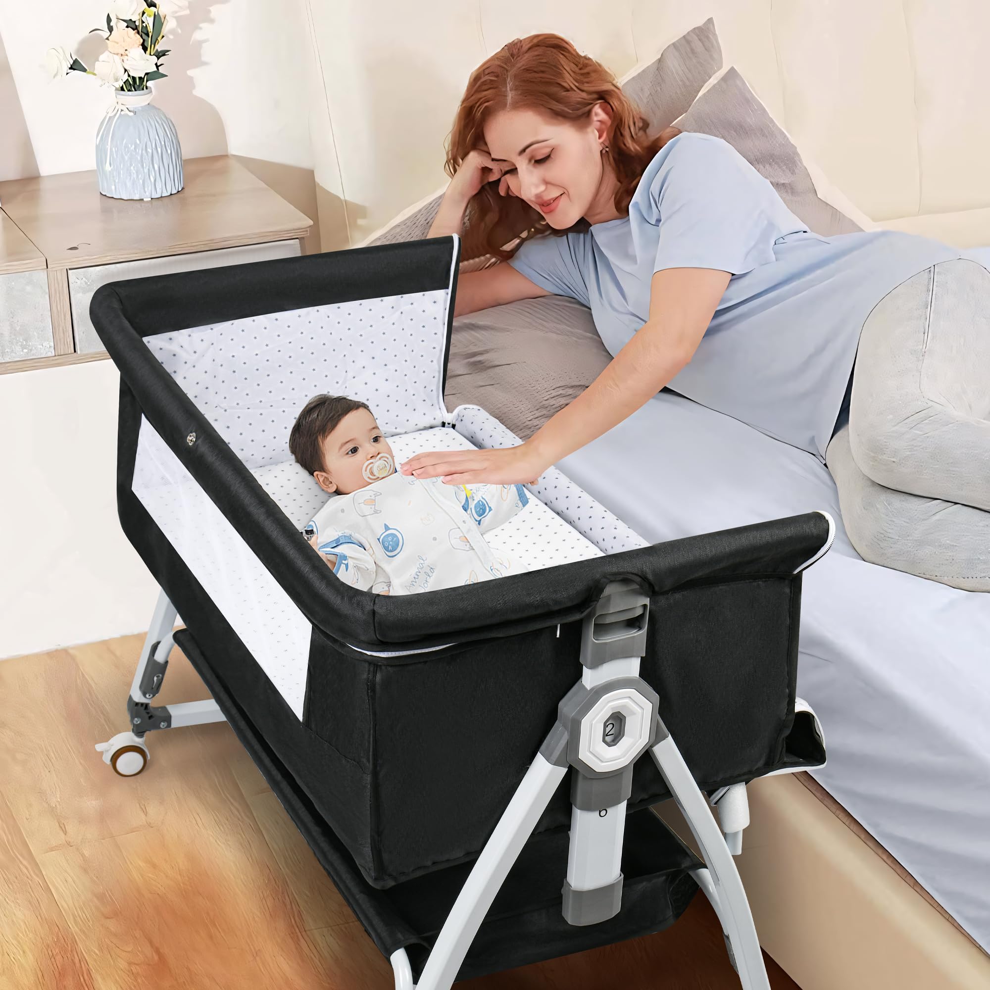 VOOI Baby Bassinet Bedside Sleeper assembly shows quick setup for busy nights.