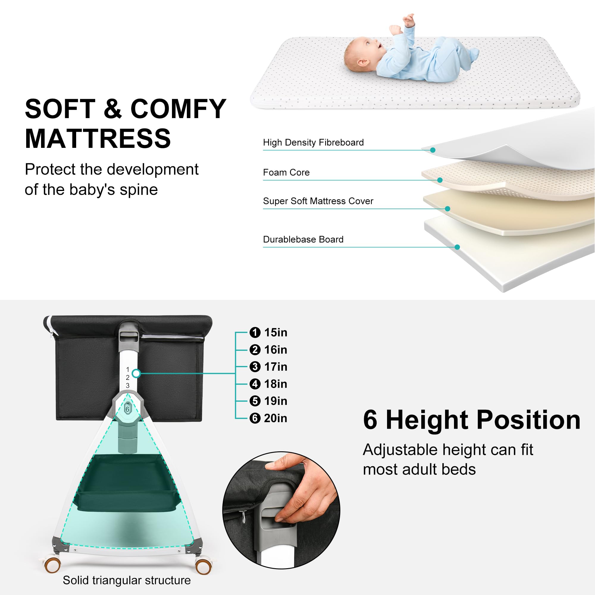 VOOI Height-adjustable bassinet shows six bed-height options.