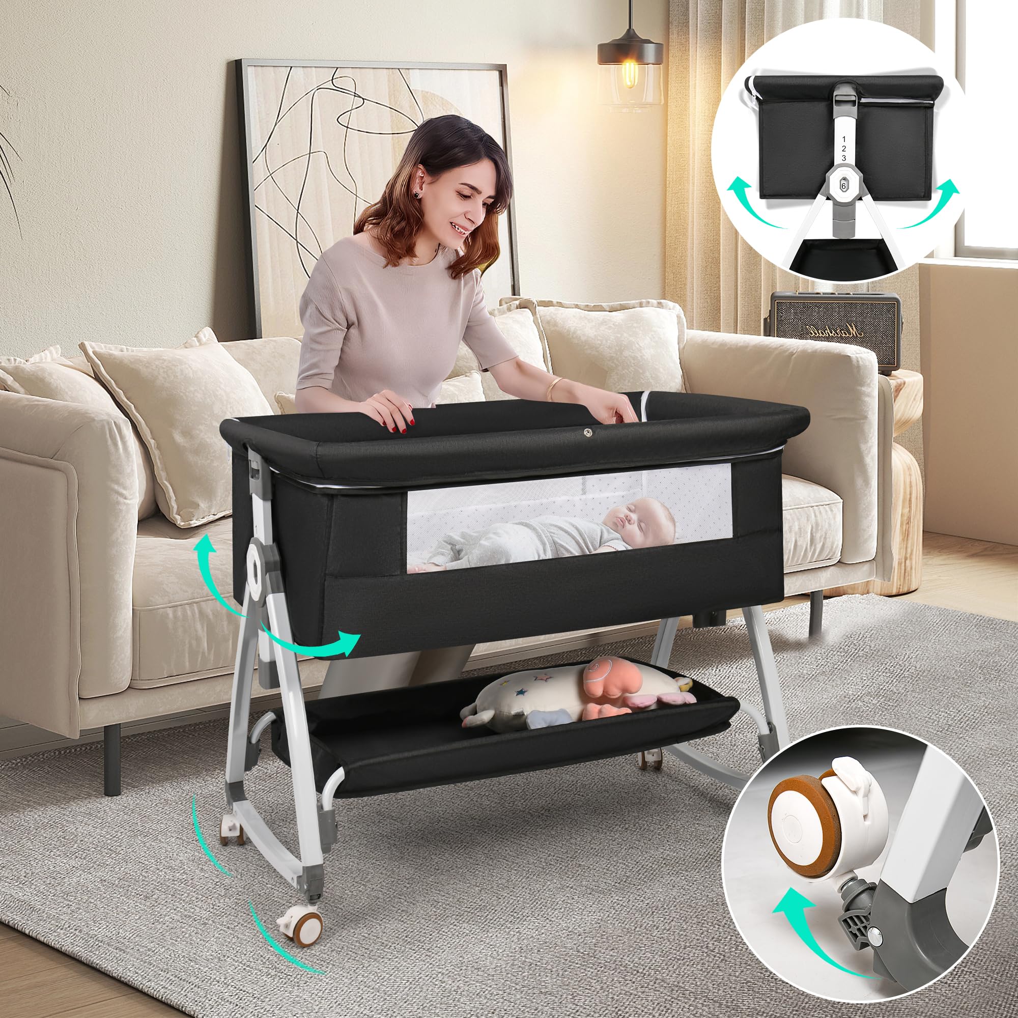 VOOI Bassinet side zipper offers easy night-time access.