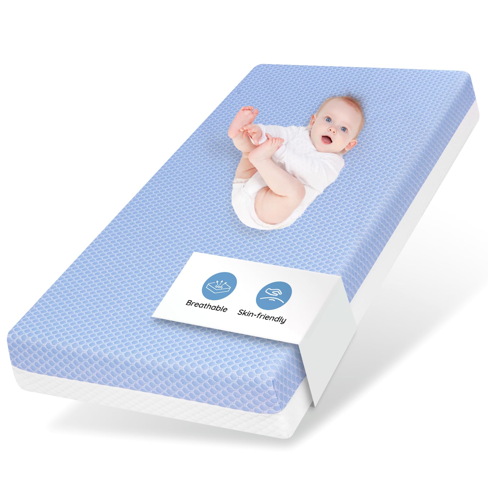 voomf crib mattress dual-sided memory foam top view highlights edge support and comfort.