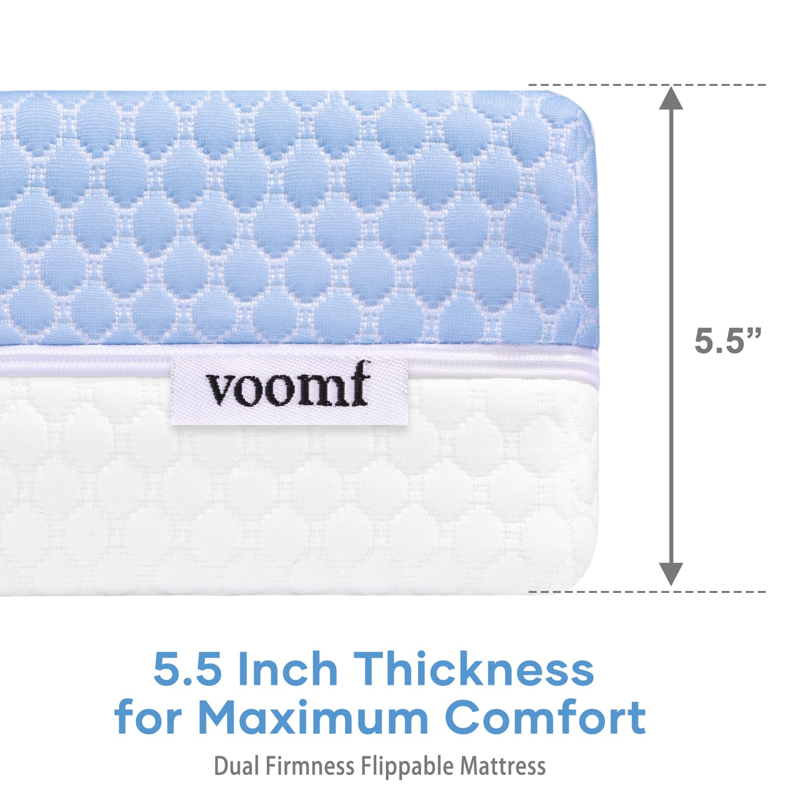 voomf crib mattress shows blue-white design while fitting standard cribs and toddler beds.