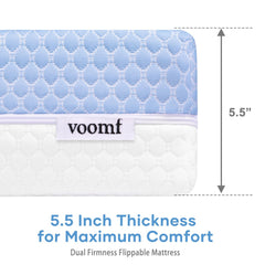 voomf crib mattress shows blue-white design while fitting standard cribs and toddler beds.