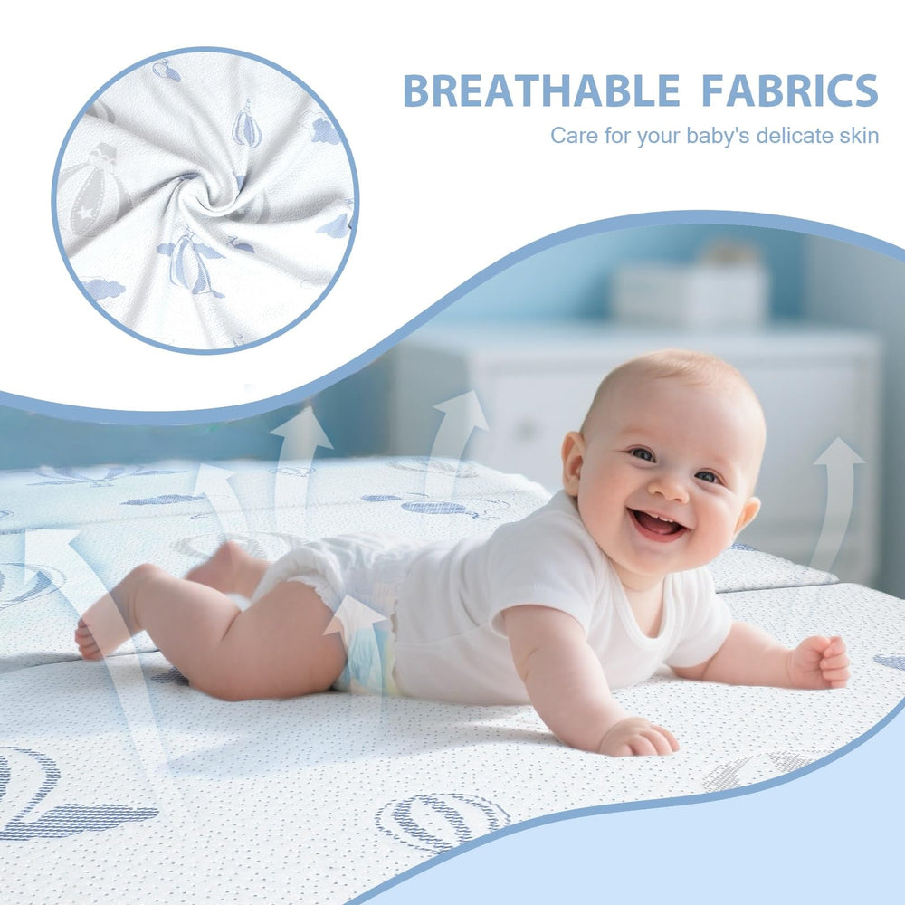 voomf Pack and Play mattress CERTIPUR-US certification label signals safety standards.