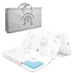 voomf pack and play mattress folded for travel, lightweight and portable.