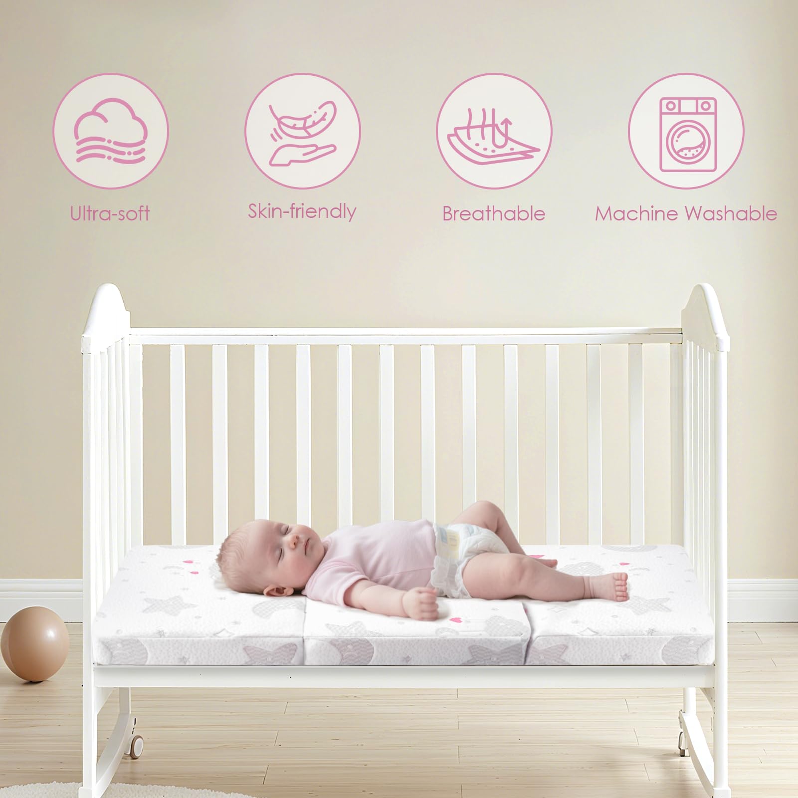 voomf mattress fits most 38x26 play yards for quick setup.