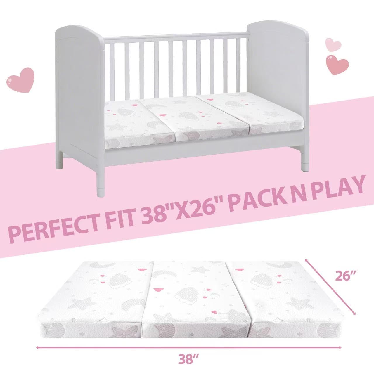 voomf pack and play mattress with removable breathable cover for easy cleaning.