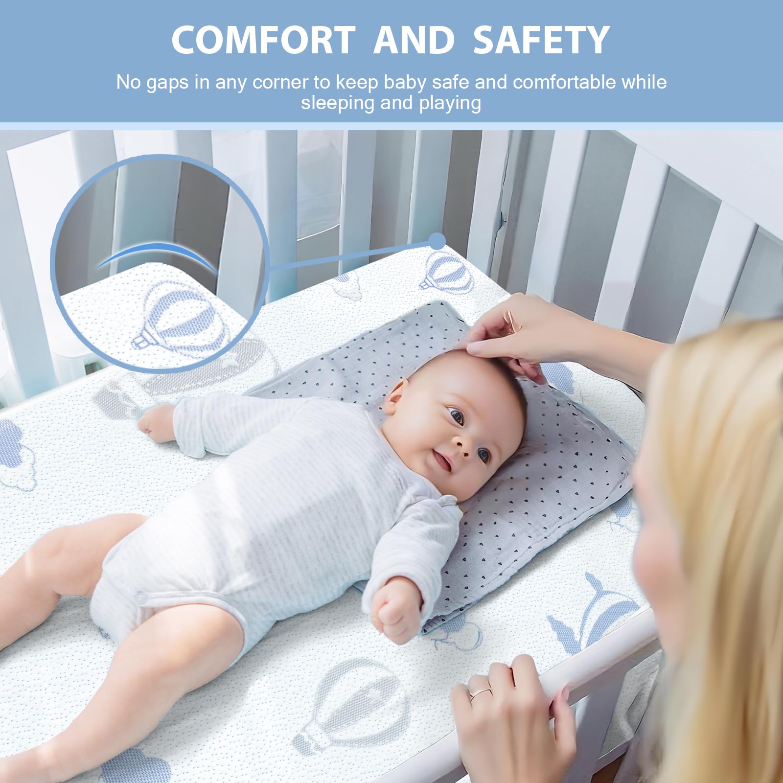 voomf Pack and Play Mattress rounded corners prevent snags in play yards.