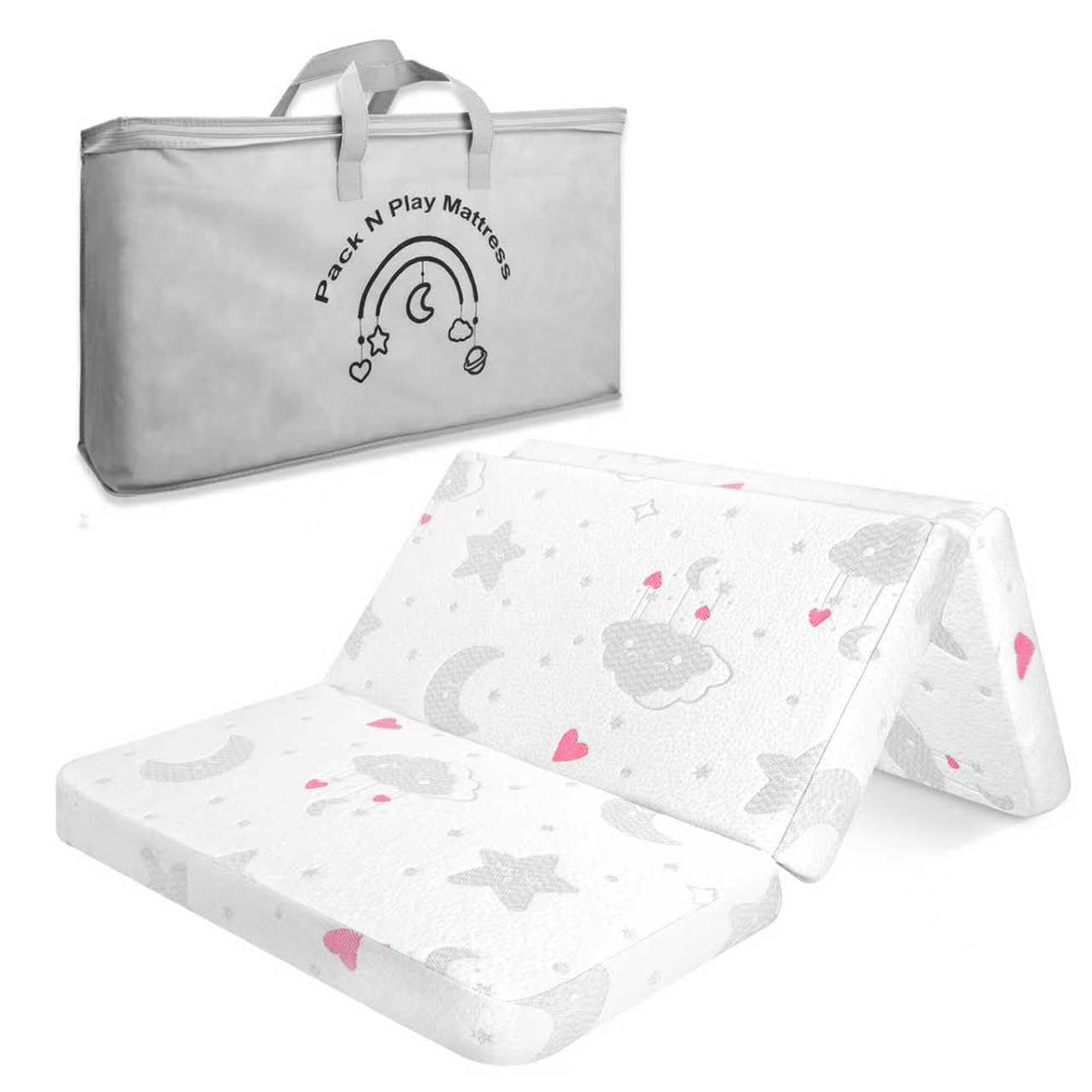 voomf trifold pack n play mattress folded for compact storage and portability.