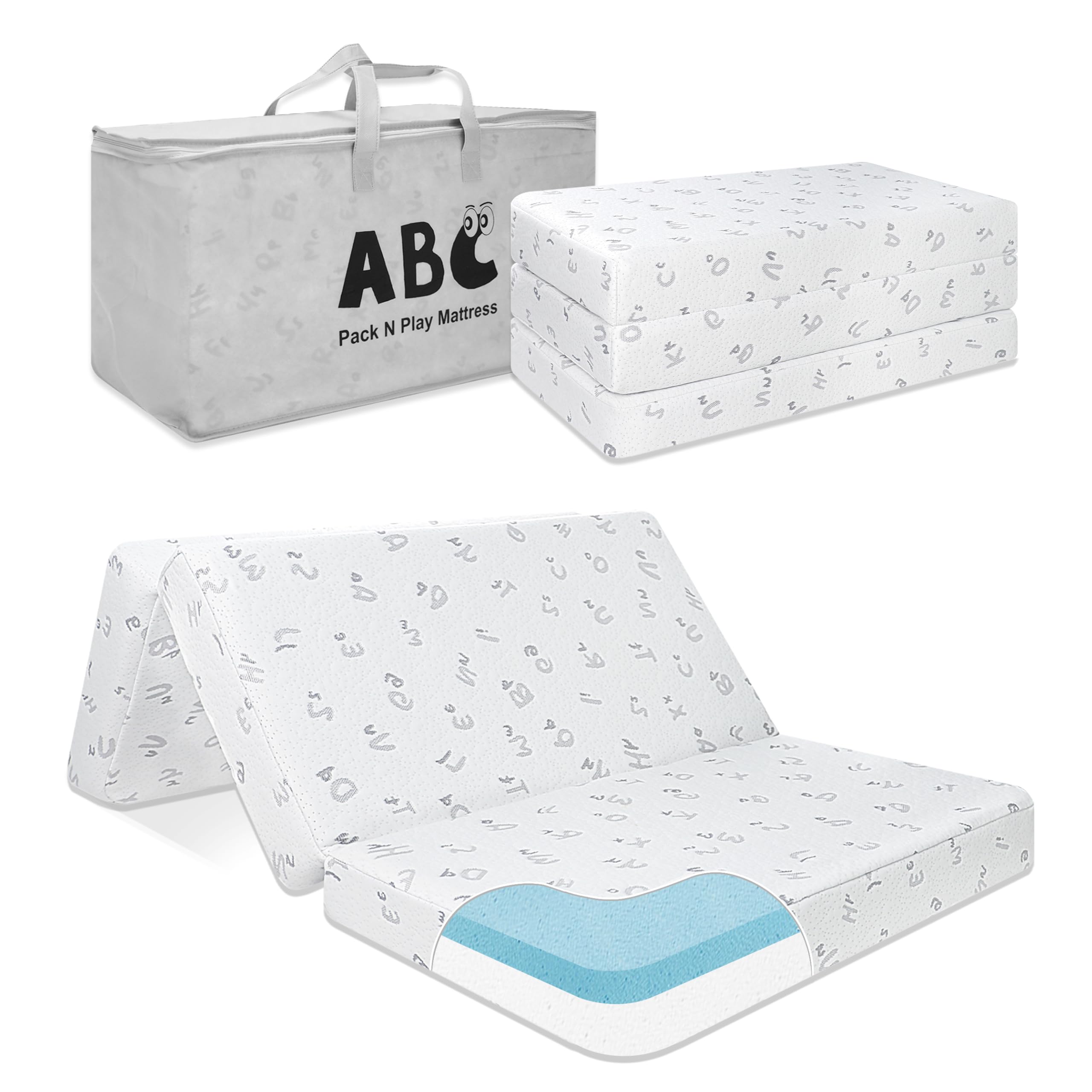 voomf trifold pack and play mattress folded in bag for travel and storage