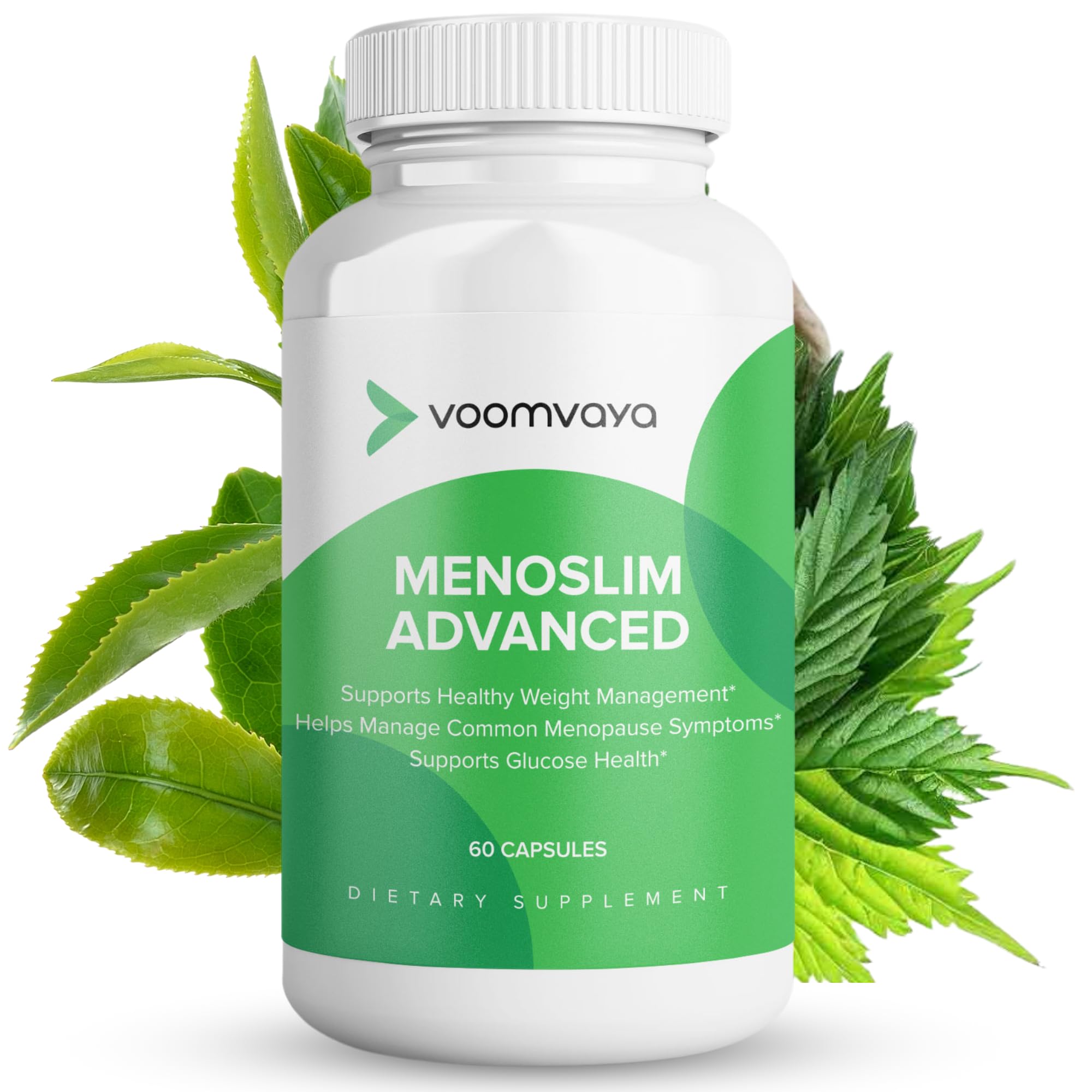 VoomVaya MenoSlim Advanced bottle shot highlighting easy daily dosage.