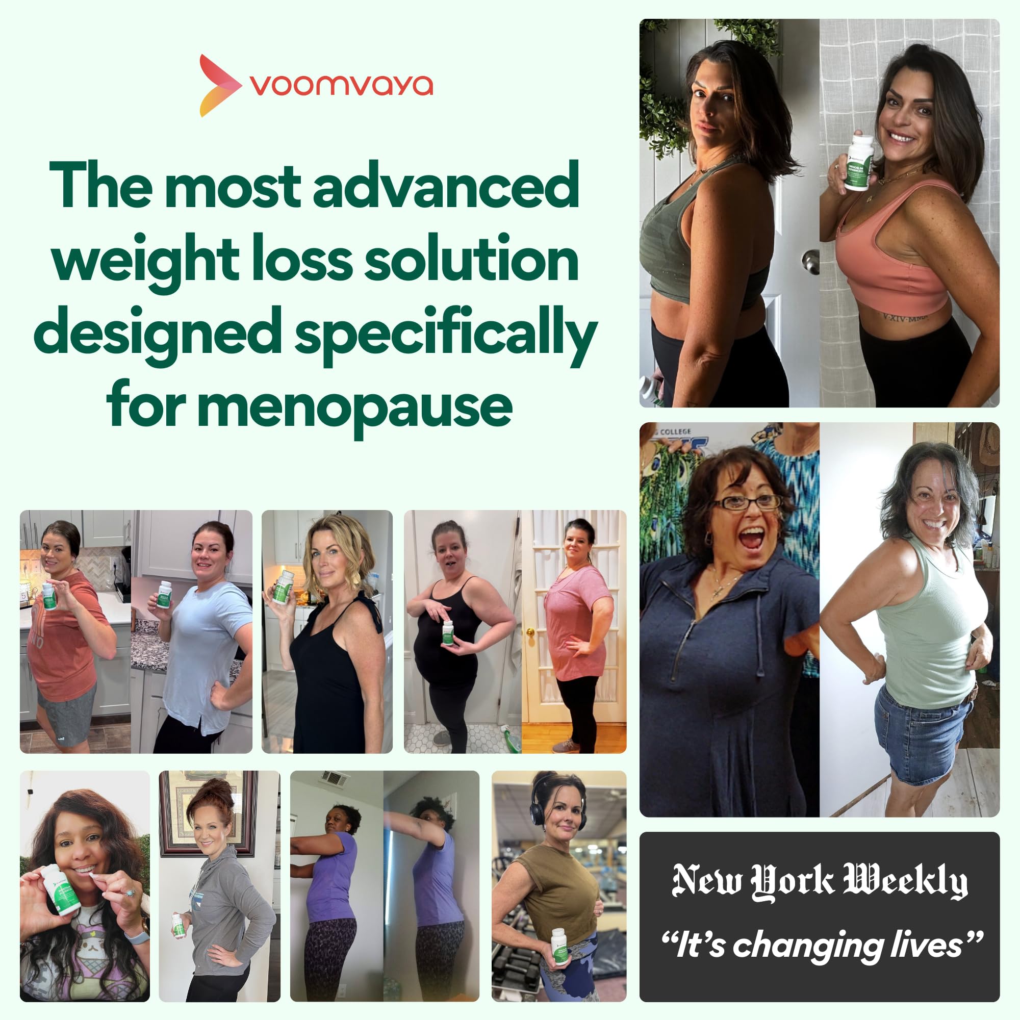 VoomVaya MenoSlim Advanced capsules close-up showcasing convenient menopause support.