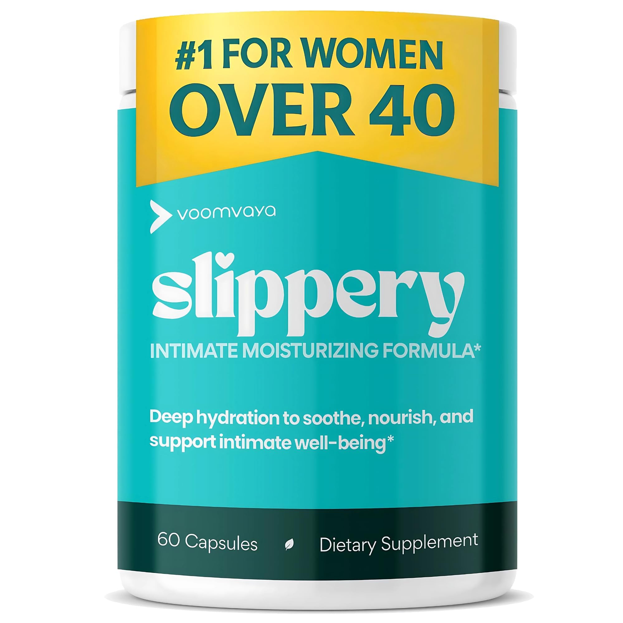 VoomVaya Slippery bottle and label highlighting vaginal moisture support for women over 40.