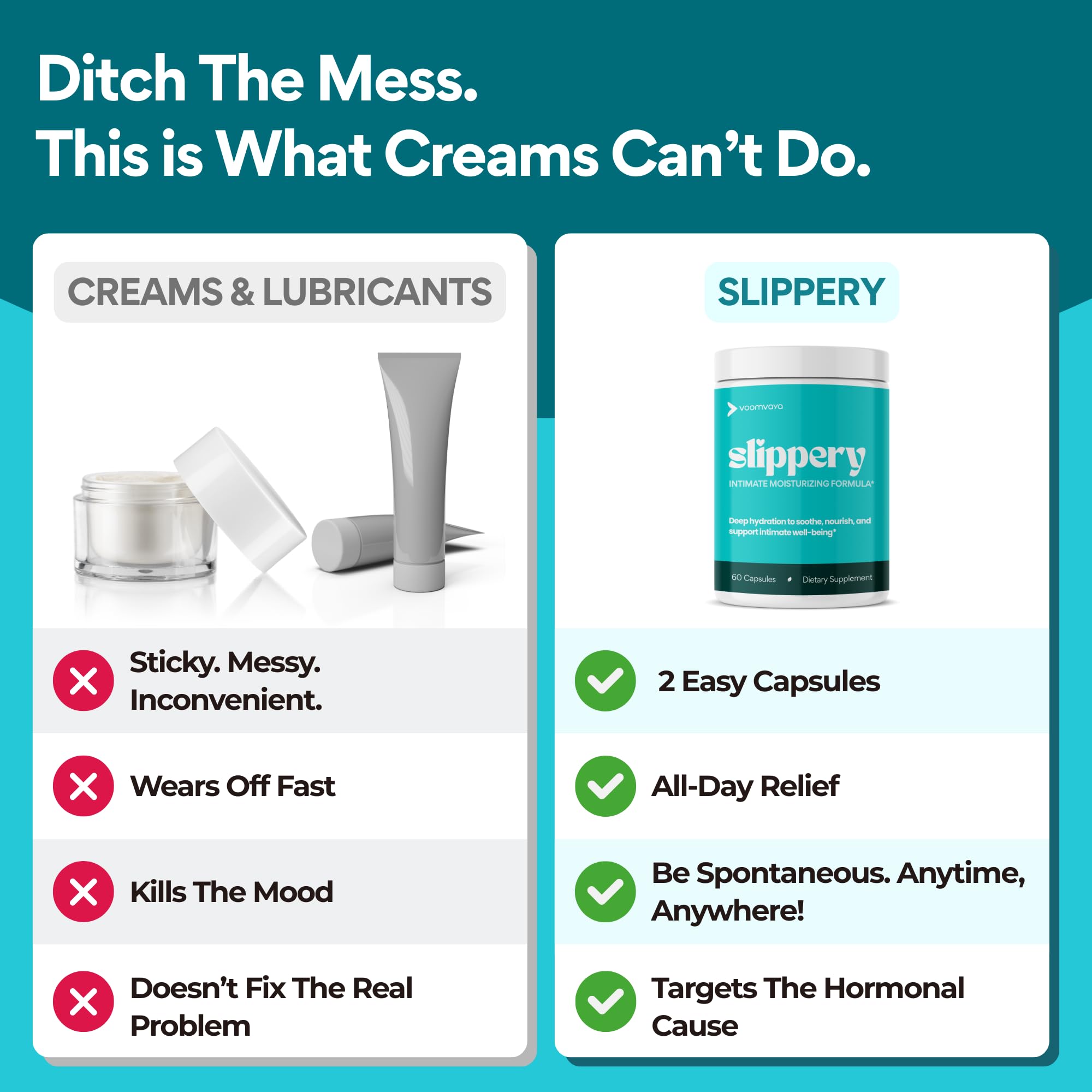 VoomVaya Slippery daily-use image suggesting a consistent routine for potential moisture relief.