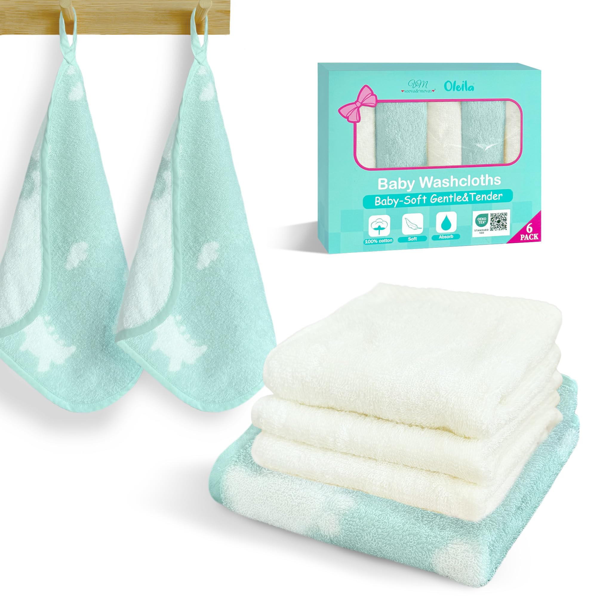 VOOVA & MOVAS baby washcloths in dino pastel stack for gentle baths.