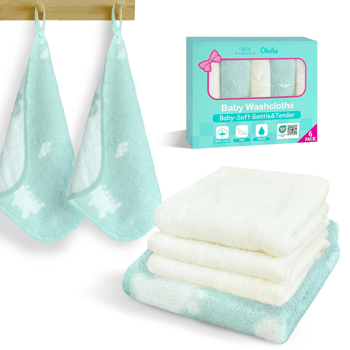 VOOVA & MOVAS baby washcloths in dino pastel stack for gentle baths.