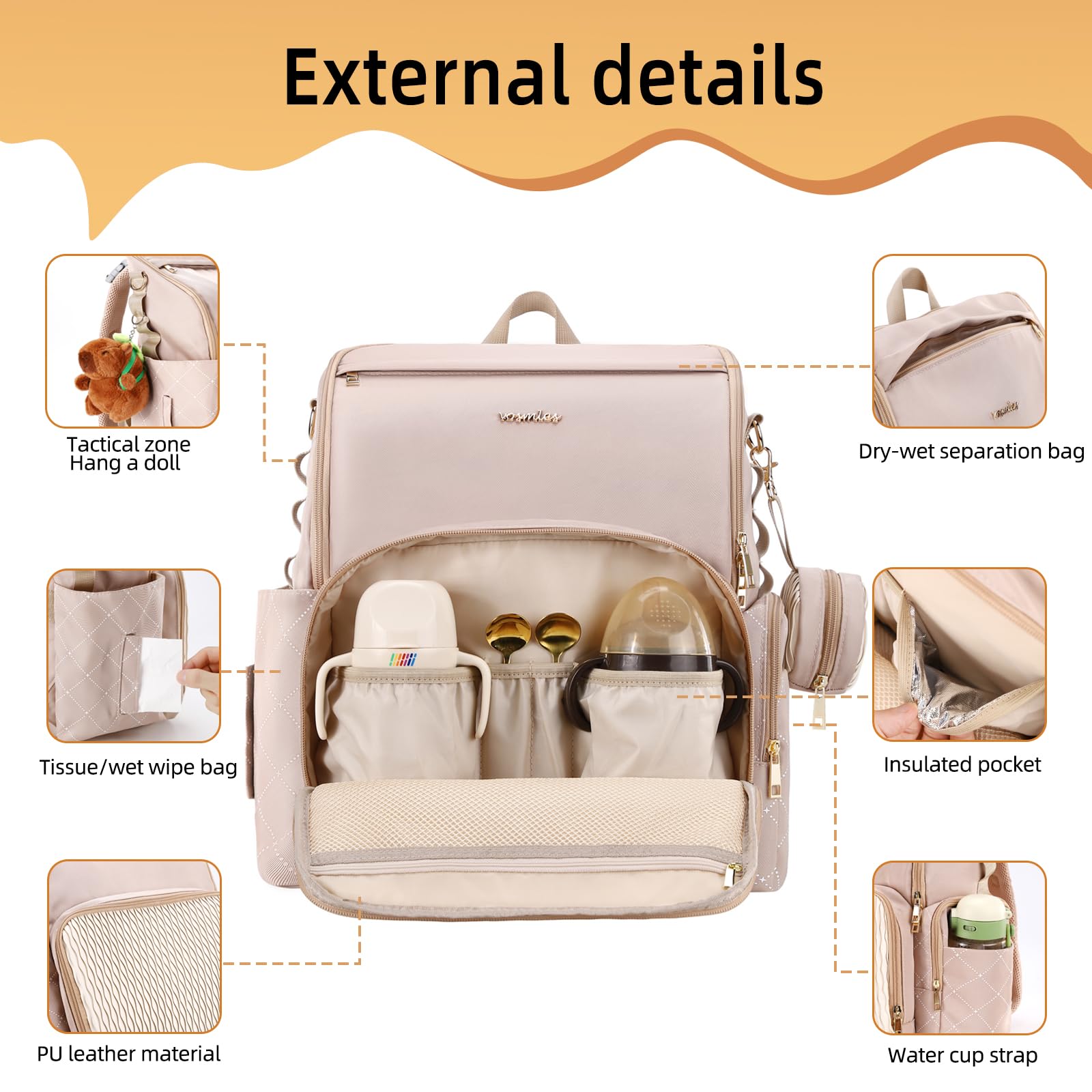 Vosmles diaper bag back pocket secures valuables during travel.