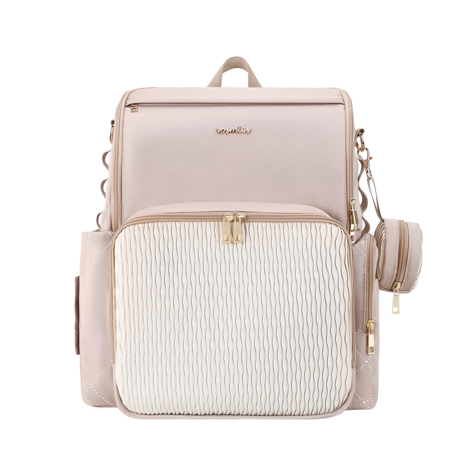 Vosmles patchwork diaper bag shown for stylish organization on the go.