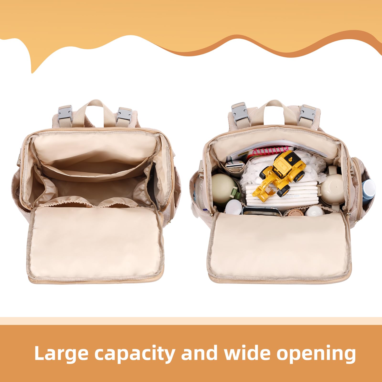 Vosmles bag side pockets organize wipes and bottles quickly.