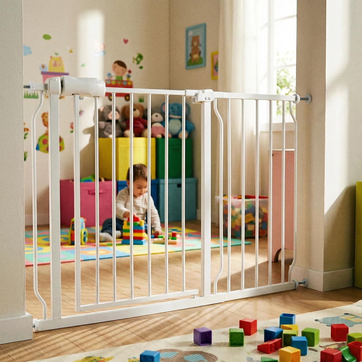 Vothco extra-wide baby gate installed in a doorway for kids and pets.